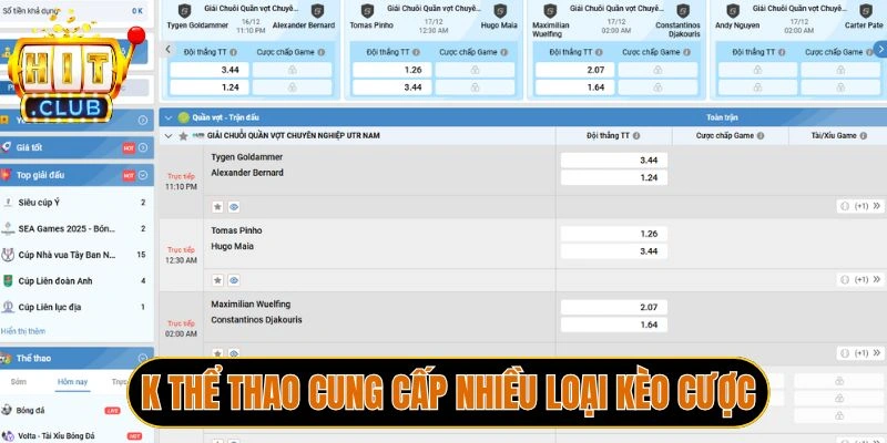 K thể thao cung cấp nhiều loại kèo cược