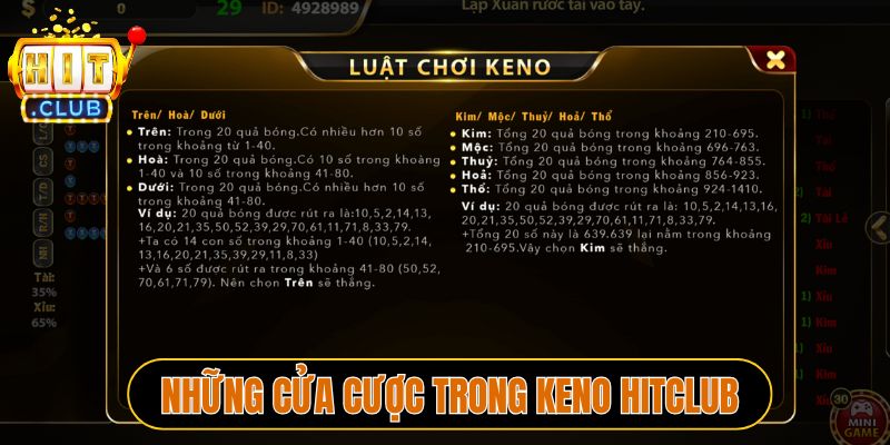 Những cửa cược trong Keno Hitclub